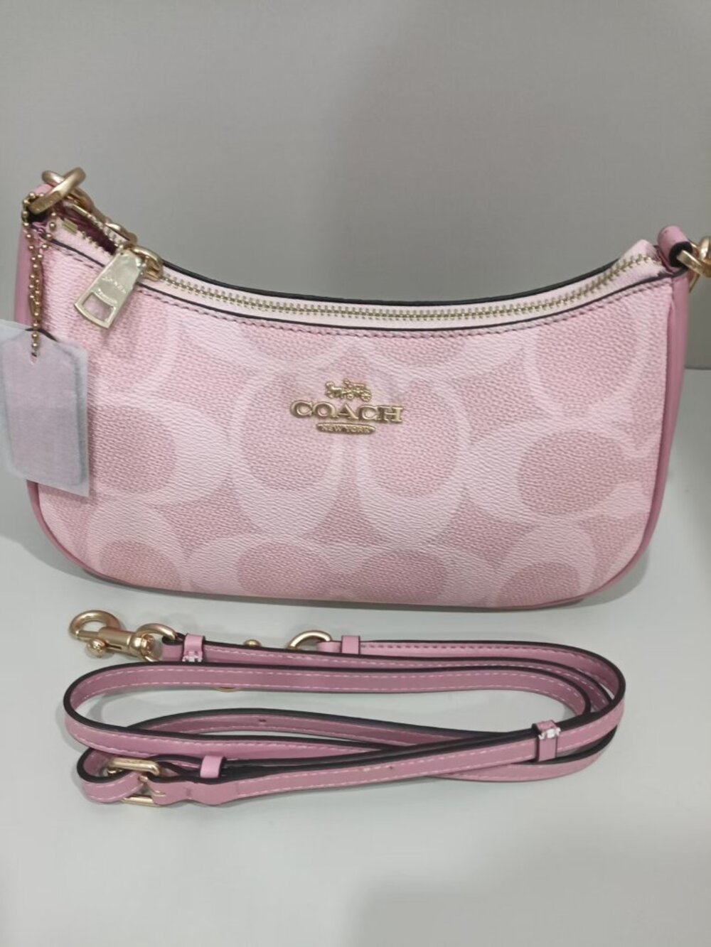 Coach Pink Signature C‑Print Hobo Shoulder Bag With Adjustable Crossbody Strap